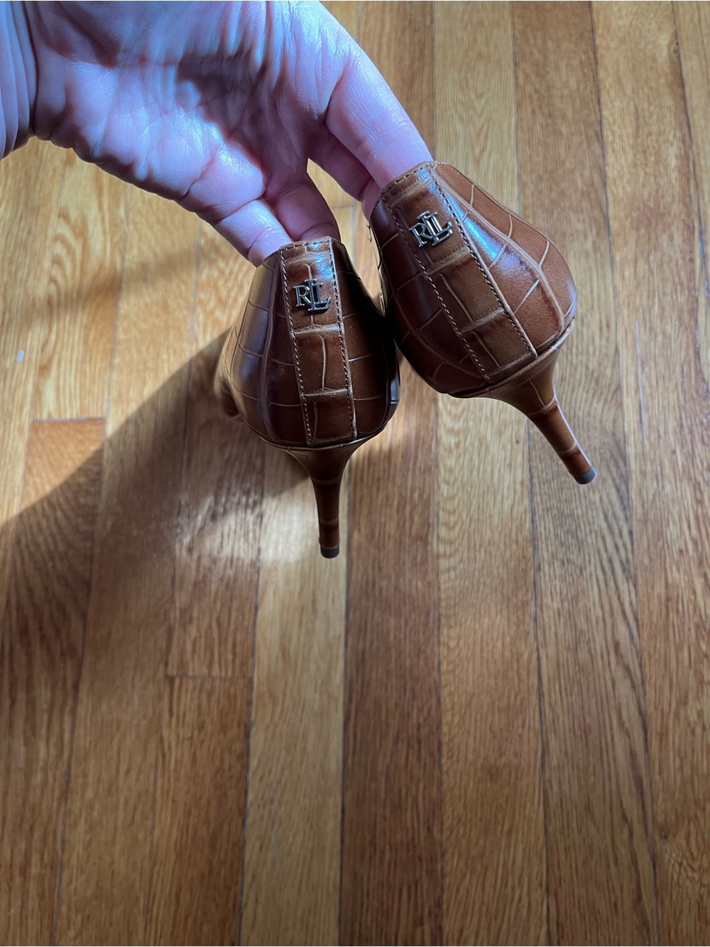 New Lauren Ralph Lauren Lanette GSLY Embossed Crocodile Brown Pumps Sz 10 Read - Picture 6 of 12